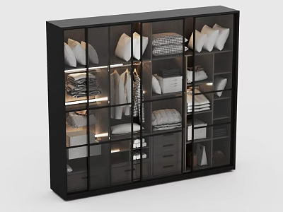 Modern Black Glass Door Wardrobe With Interior Storage Folded Clothes Hanging Garments And Lighting 3d model