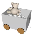 Cute Stuffed Teddy Bear Doll in Gray Cart with White Balls and Wheels