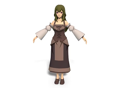 Woman With Green Hair Wearing Brown Dress And White Sleeves In 3D Character Standing Pose 3d model