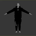 Mannequin Wearing Black Puffer Jacket And Gray Sweatpants With Arms Outstretched