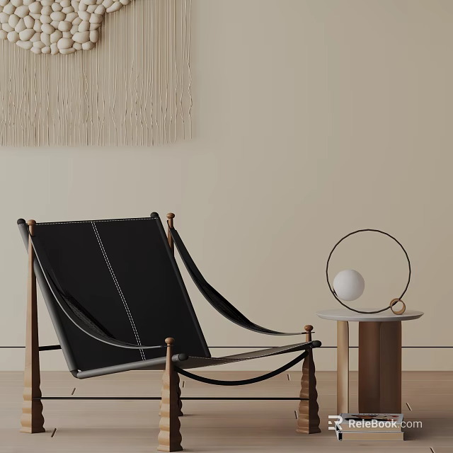 Black Leather Dining Chair with Wooden Legs and Stitching in Beige Room with Round Decor 3d model 