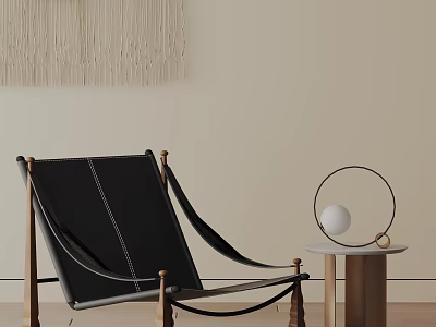 Black Leather Dining Chair with Wooden Legs and Stitching in Beige Room with Round Decor 3d model