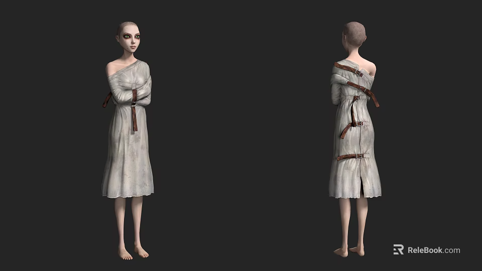 Barefoot Woman In White Dress With Brown Straps Front And Back Views 3d model 