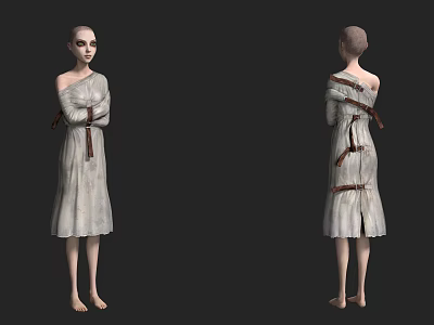 Barefoot Woman In White Dress With Brown Straps Front And Back Views 3d model