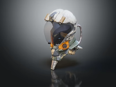 Detailed Futuristic SciFi Helmet With Transparent Visor Mechanical Orange Accents And Structural Details 3d model