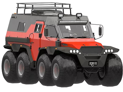 Red Heavy Duty Off Road Vehicle With Six Large Tires And Roof Rack 3d model