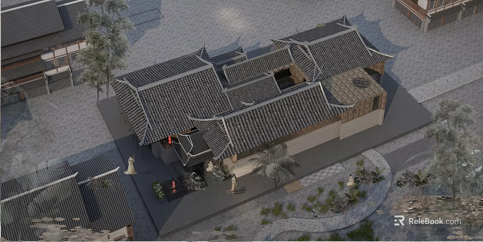 Ancient Chinese Architecture Featuring Traditional Tiled Roof Courtyard Layout and Surrounding Trees with Stone Pavement 3d model 