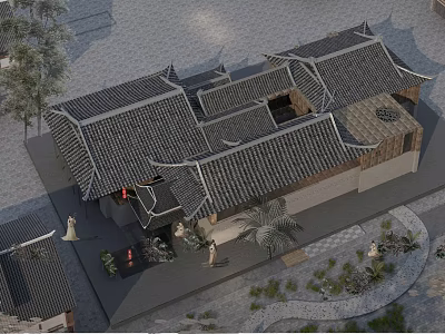 Ancient Chinese Architecture Featuring Traditional Tiled Roof Courtyard Layout and Surrounding Trees with Stone Pavement 3d model