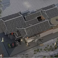 Ancient Chinese Architecture Featuring Traditional Tiled Roof Courtyard Layout and Surrounding Trees with Stone Pavement