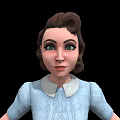 3D Female Character Creature In Light Blue Shirt Gray Pants With Open Hands On Black Background