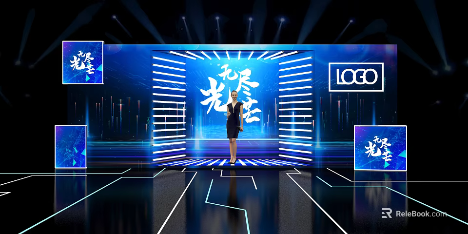 Modern Stage Setup Featuring Female Host Blue Lighting And Digital Background Screens 3d model 