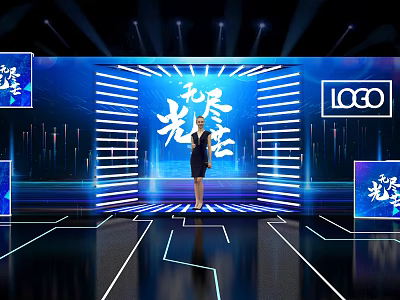 Modern Stage Setup Featuring Female Host Blue Lighting And Digital Background Screens 3d model