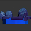 Low Poly Surrounding Rocks Scene With Glowing Lotus And Blue Hexagonal Base
