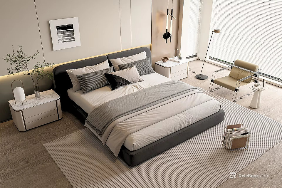 Modern Minimalist Bedroom Double Bed with Gray Headboard White Bedding Nightstand Lamp and Rug 3d model 