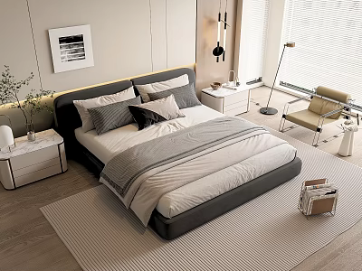 Modern Minimalist Bedroom Double Bed with Gray Headboard White Bedding Nightstand Lamp and Rug 3d model