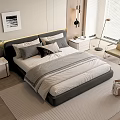 Modern Minimalist Bedroom Double Bed with Gray Headboard White Bedding Nightstand Lamp and Rug