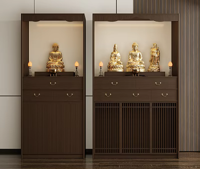 Oriental Dark Brown Wooden Buddhist Shrine Cabinet With Golden Buddha Statues And Illuminated Interior 3d model