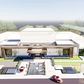 Elegant Modern Chinese Exhibition Gateway With Symmetric Fountain Greenery And Stone Columns