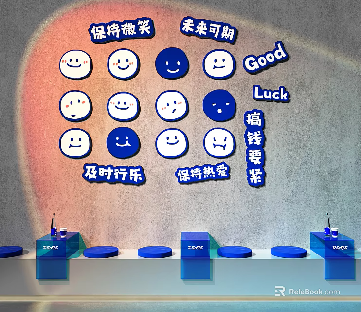 Interactive Commercial Emotion Interaction Device With Smiley Faces Positive Messages And Blue Platforms 3d model