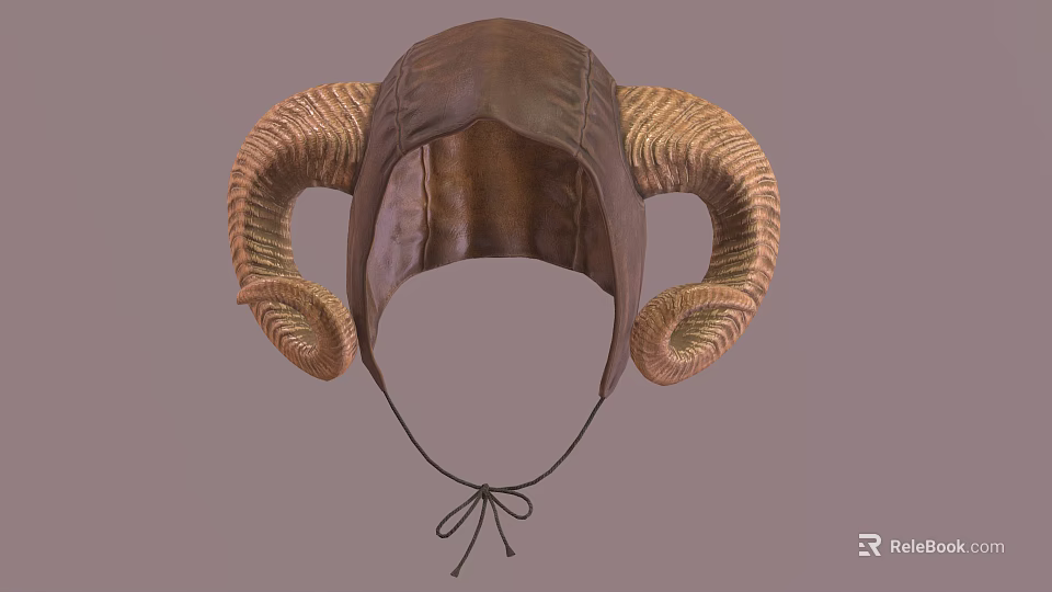 Handcrafted Brown Leather Hat with Ram Horns and Tie String Design 3d model