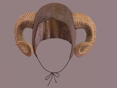 Handcrafted Brown Leather Hat with Ram Horns and Tie String Design 3d model