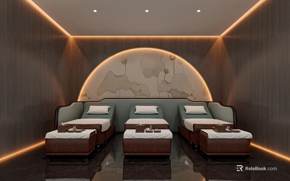 Elegant SPA Sauna Interior With Warm Lighting Comfortable Loungers And Lotus Arched Backdrop 3d model 