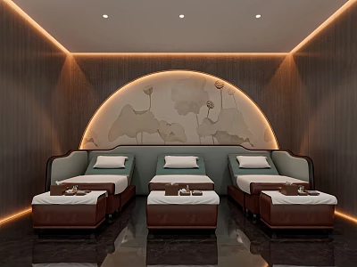 Elegant SPA Sauna Interior With Warm Lighting Comfortable Loungers And Lotus Arched Backdrop 3d model