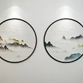 Round Frame Chinese Landscape Paintings with Mountains Clouds and Birds Hanging on White Wall