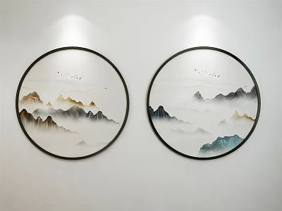 Round Frame Chinese Landscape Paintings with Mountains Clouds and Birds Hanging on White Wall 3d model