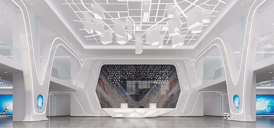 Modern Reception Area With Elegant Front Desk And Geometric Ceiling Lighting Design 3d model