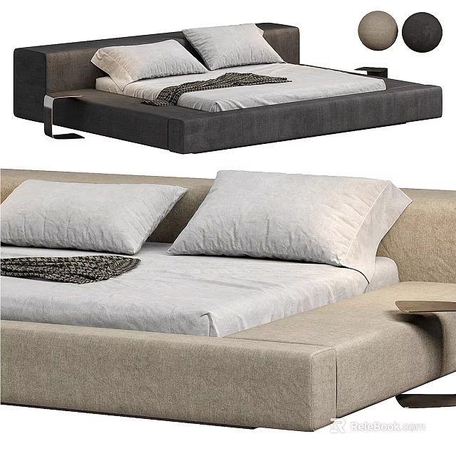 Modern Light Gray Double Bed With Linen Pillows And Minimalist Side Table Design 3d model