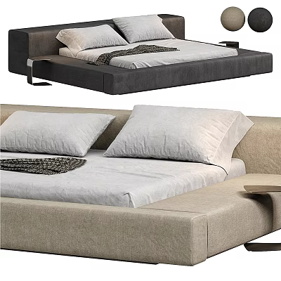 Modern Light Gray Double Bed With Linen Pillows And Minimalist Side Table Design 3d model