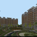 Modern Residential Buildings with Garden Landscape Green Spaces Trees Curved Paths and Water Feature