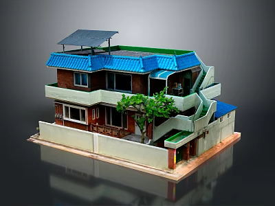 Multi Story House Model With Blue Roof Solar Panel Green Tree Balconies And White Walls 3d model