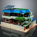 Multi Story House Model With Blue Roof Solar Panel Green Tree Balconies And White Walls