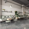 Modern Cafe Interior Design With Marble Counter Seating Area Pendant Lights And Green Plants