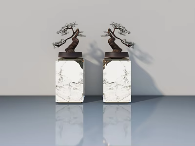 Elegant Hinged Door with Marble Pedestals and Brass Pine Decor on Light Gray Wall Background 3d model