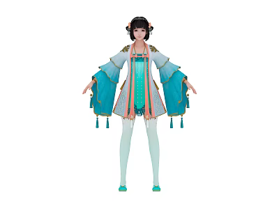 Traditional Chinese Female Character With Double Bun Hair And Blue Cyan Tassel Outfit 3d model