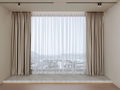Beige Curtains With White Sheer Panels In Modern Interior With City View 3d model