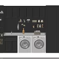 Gray Bathroom Cabinetry With Open Shelves Double Washing Machines And Storage Space