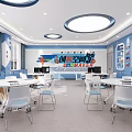 School Maker Space Interior With Round Tables Chairs And Windows 3d model