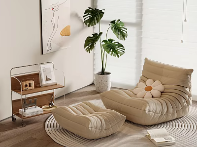 Beige Bean Bag Chair with Ottoman in Cozy Living Room Featuring Monstera Plant and Rug 3d model