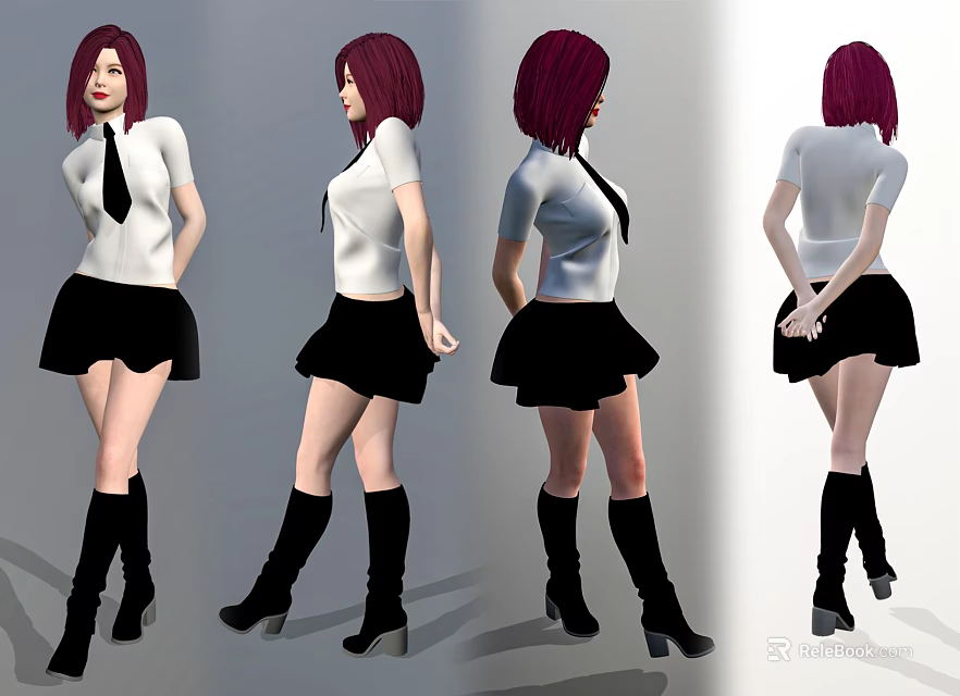 Woman with red hair in white shirt black tie black skirt boots from different angles 3d model 