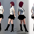 Woman with red hair in white shirt black tie black skirt boots from different angles