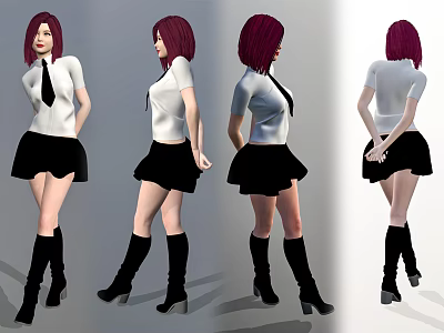 Woman with red hair in white shirt black tie black skirt boots from different angles 3d model