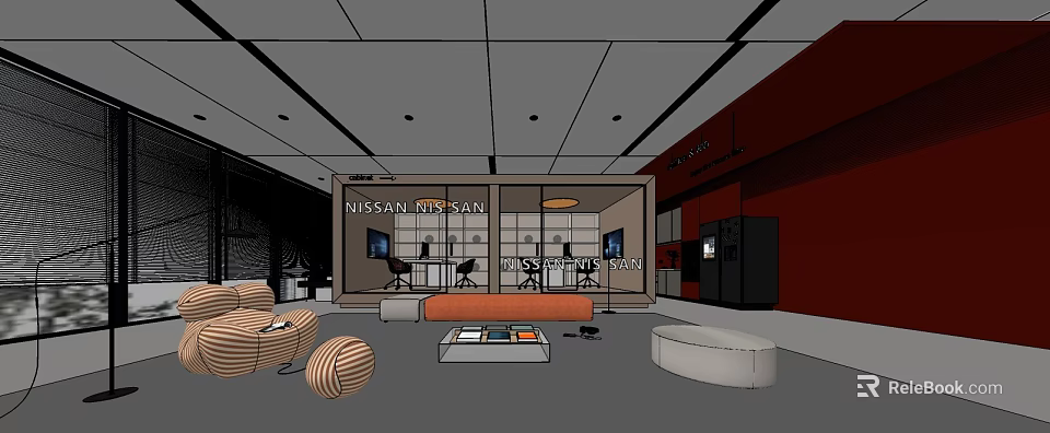 Nissan Leisure Area Interior With Orange Sofa Coffee Table And TV 3d model 