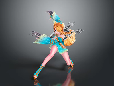Game Movie Character With Golden Hair Turquoise Outfit And Fox Tail In Dynamic Pose 3d model