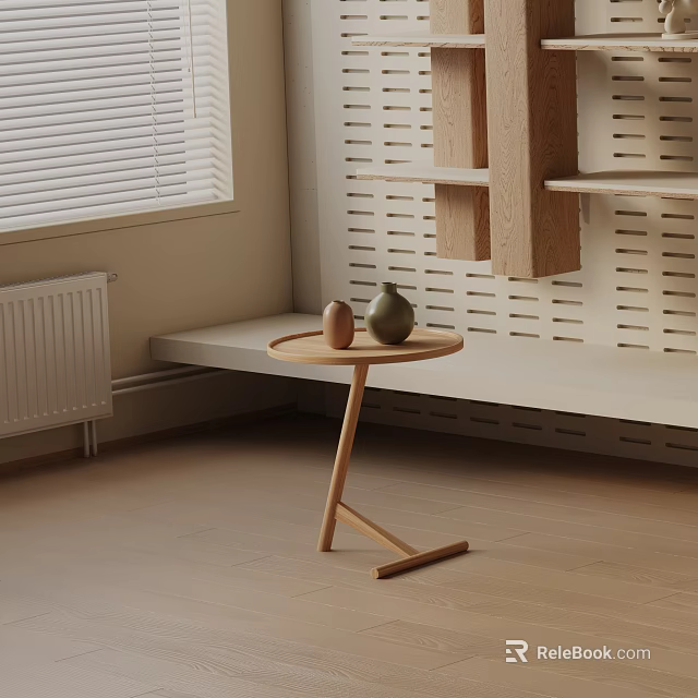 Modern Light Wood Nightstand With Ceramic Vases And Wall Shelves In Minimalist Bedroom 3d model 