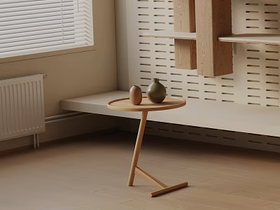 Modern Light Wood Nightstand With Ceramic Vases And Wall Shelves In Minimalist Bedroom 3d model