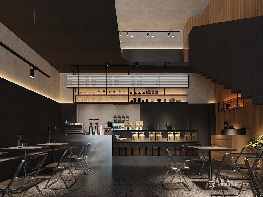 Modern Cafe Interior With Black Walls Wooden Decor Bar Counter And Dining Tables 3d model 